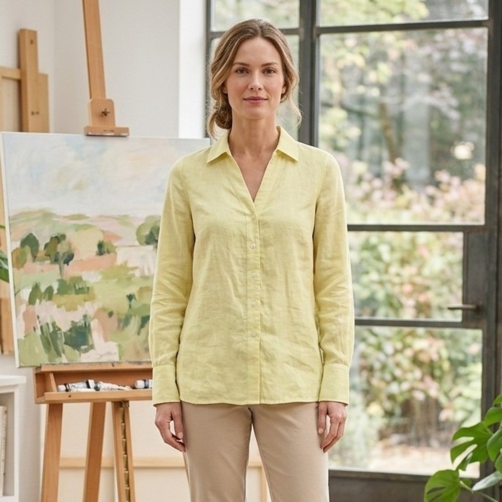 Talbots Top Women's Size 2P Pure Irish Linen Yellow Long Sleeve Button Up Preppy